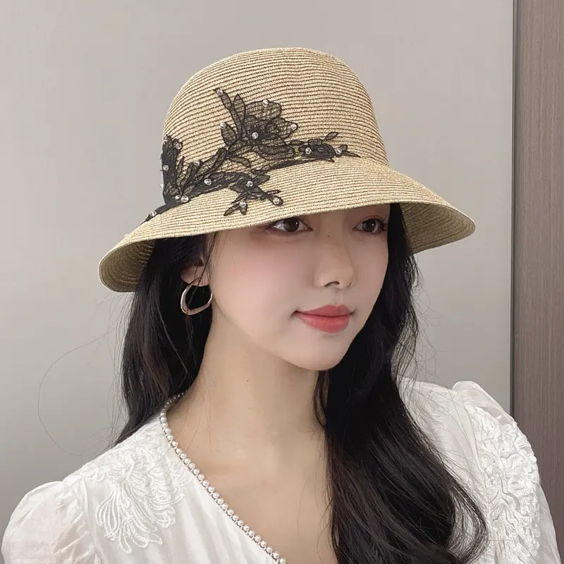 草帽女夏季优雅蕾丝渔夫帽出游海边沙滩度假法式大檐遮阳防晒帽子