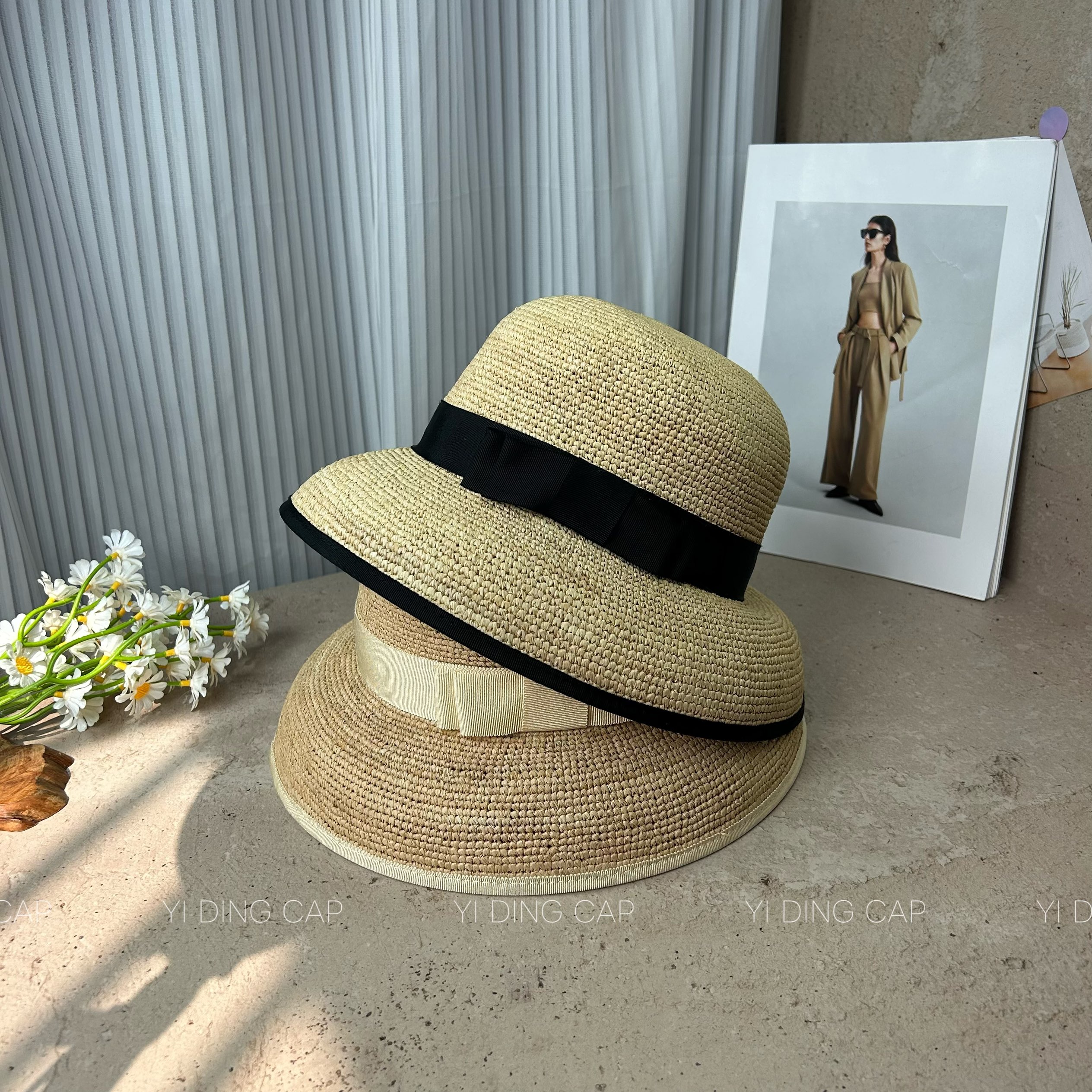 夏季法式钩针拉菲草防晒渔夫帽女