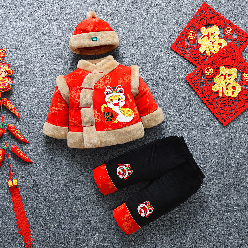 男童冬季加厚唐装红色婴幼儿童中国风喜庆过年衣服宝宝抓周岁礼服