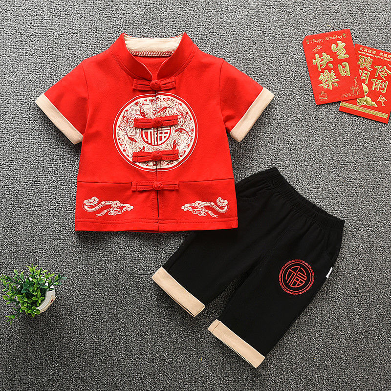 男宝宝一周岁宴中式礼服男童抓周服夏季红色唐装儿童衣服汉服夏天图片