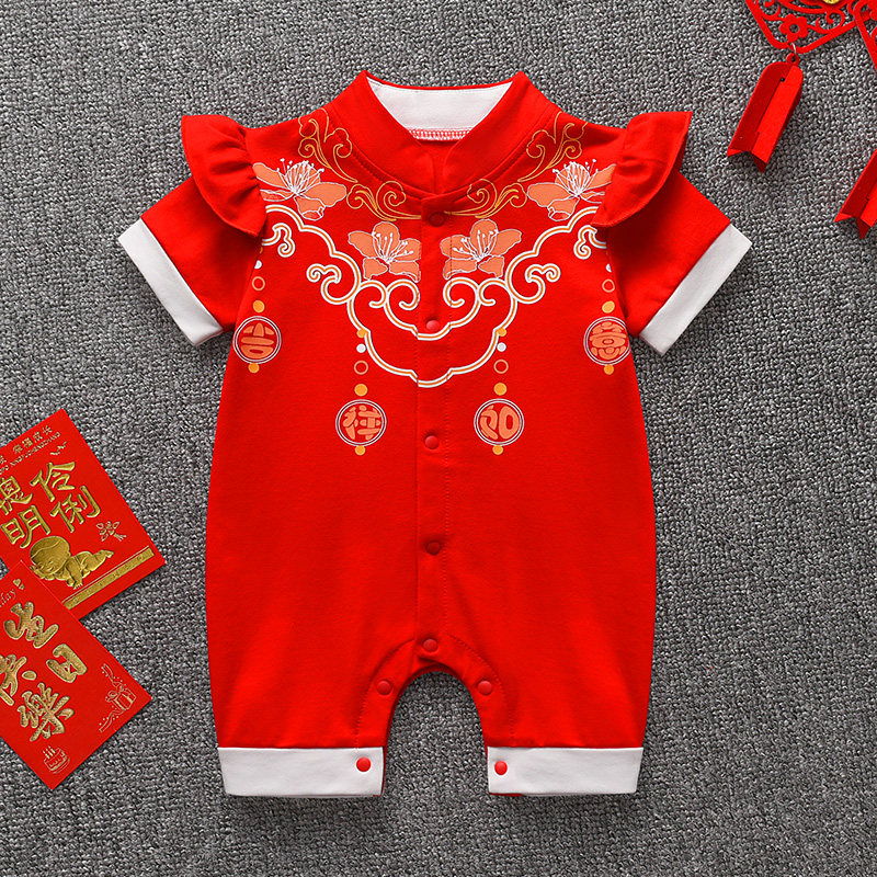 女宝宝百天满月宴衣服夏季连体周岁宴礼服夏天短袖一岁婴儿男汉服