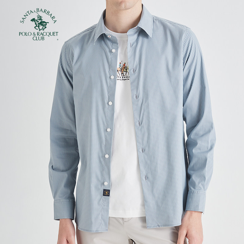 圣大保罗男装小格子长袖衬衫男款春秋新款薄款外套棉质方领衬衣男