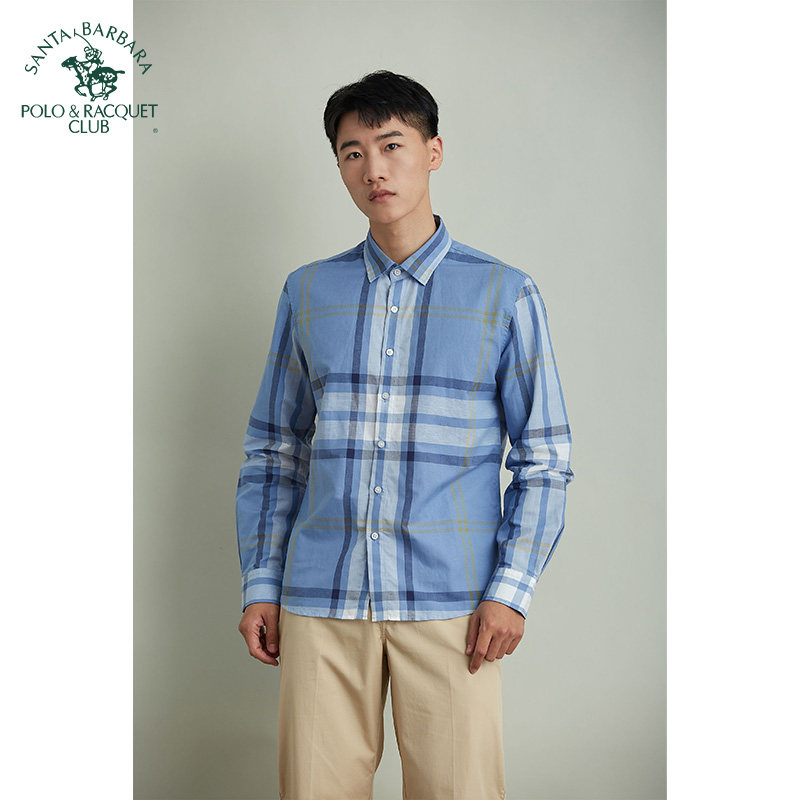 圣大保罗春夏季男款高端棉麻修身格纹衬衣男士商务休闲长袖薄衬衫