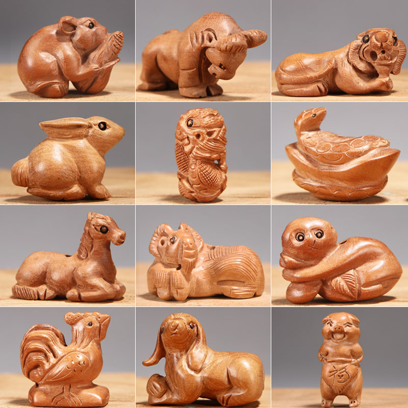 桃木属相立体雕刻饰品挂饰十二生肖件鼠牛虎兔龙蛇马羊猴鸡狗猪
