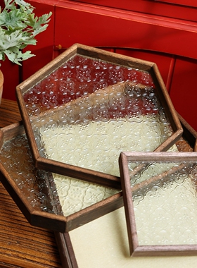 欧式复古木质海棠花玻璃翻盖收纳