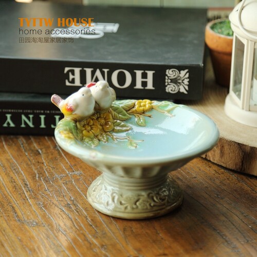 美式乡村釉面浅蓝色花朵果盘摆件