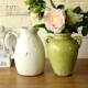 暗绿色复古花器花壶 花瓶 法式 乡村地中海做旧陶瓷花瓶白色把式