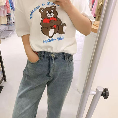 现货韩国东大门 新卡通熊洋气减龄中长宽松大码短袖T恤女