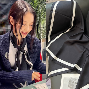 高级感真丝丝巾女双面黑色小香同款抹胸斜纹大方巾桑蚕丝围巾披肩