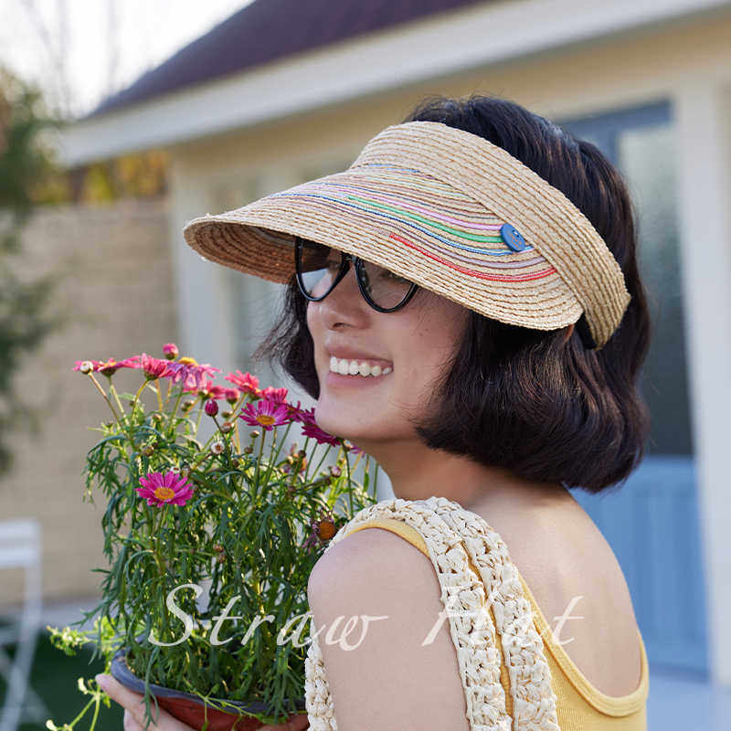 拉菲草彩虹草帽遮阳大檐空顶帽女夏季防晒帽遮阳帽海边休闲风度假