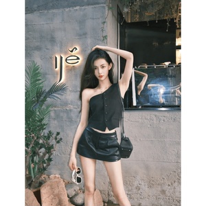 韩风chic套装女夏季辣妹性感黑色斜肩背心短款无袖上衣短裙两件套