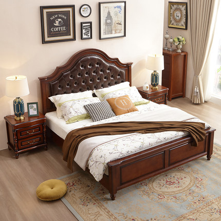 美式乡村实木床1.8米仿古双人主卧复古简美软包大床2米储物婚床