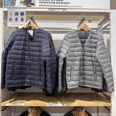 日本优衣羽绒服男士无领羽绒内胆大码内穿轻薄打底圆领秋冬外套薄