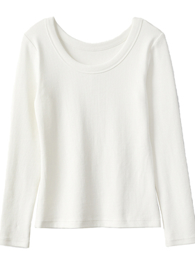 日单良品U领女士纯棉螺纹修身T恤大圆领显瘦白色打底衫长袖上衣秋