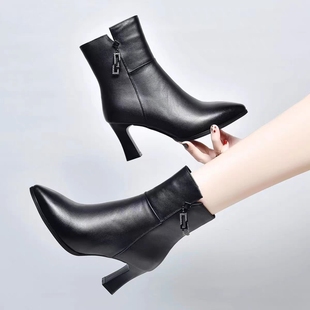 真皮短靴女2025秋冬加绒新款时尚百搭高跟中筒靴女式皮鞋马丁靴子