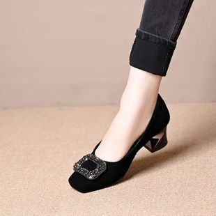 黑色高跟鞋 女2025春秋新款 粗跟单鞋 女水钻中跟真皮百搭职业工作鞋