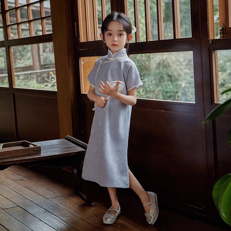 中大童旗袍女童夏季儿童改良民国长款中式连衣裙小学生汉服中国风