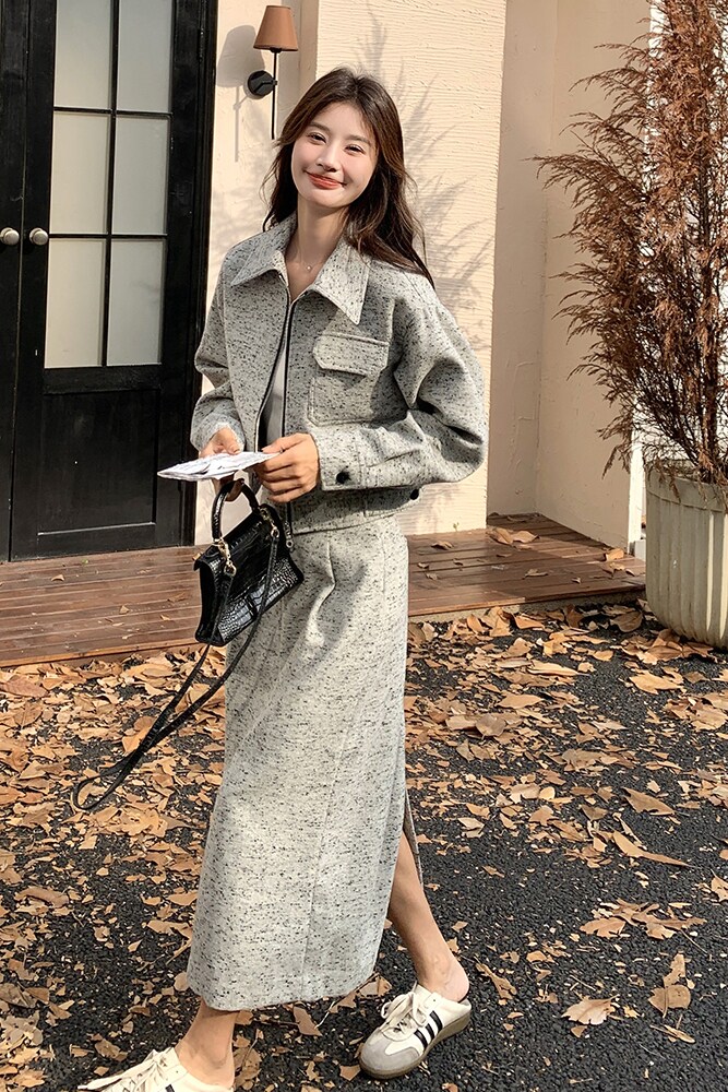 灰色小香风休闲套装女2024秋新款搭配一整套酷飒洋气半身裙两件套,女装套装/套裙,维壹