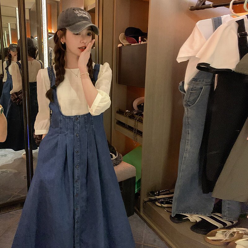 牛仔背带连衣裙女高腰a字长裙韩版收腰2025夏季新款设计感,女装连衣裙,维壹