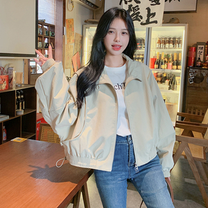 设计拼接棒球服女春秋米色立领夹克又酷又飒超好看6035P135K198图片