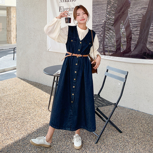 港风高级感牛仔连衣裙女2025春秋季新款显瘦背带裤长裙图片