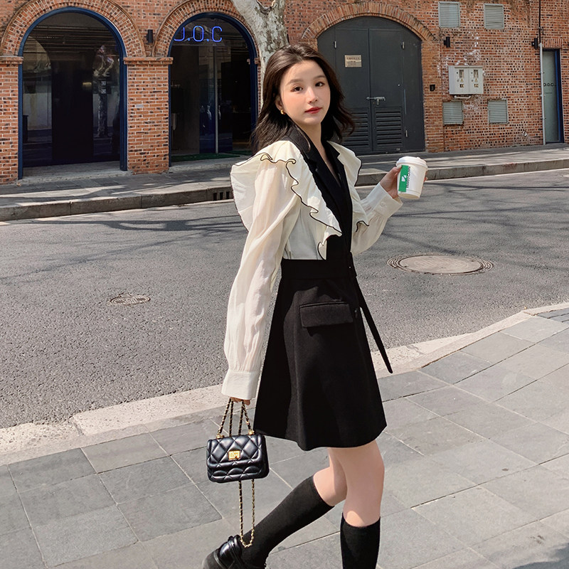 轻熟风荷叶边西装连衣裙女2023春季新款法式御姐收腰显瘦气质裙子,女装连衣裙,维壹