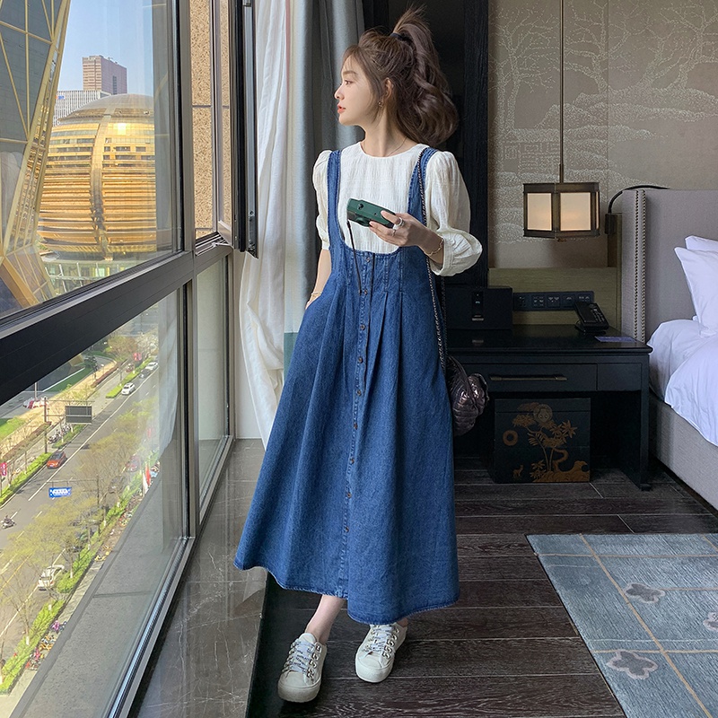 【现货】牛仔背带连衣裙两件套女高腰a字长裙2292套装P155控218，女装连衣裙，维壹