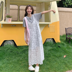 今年流行漂亮灰色T恤裙女夏季蕾丝吊带裙夏装搭配一整套韩系图片