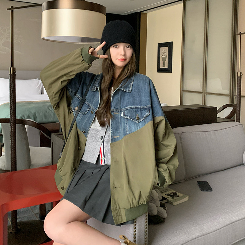 绿色设计感拼接牛仔短外套女2024春季新款韩系小个子宽松棒球服潮图片