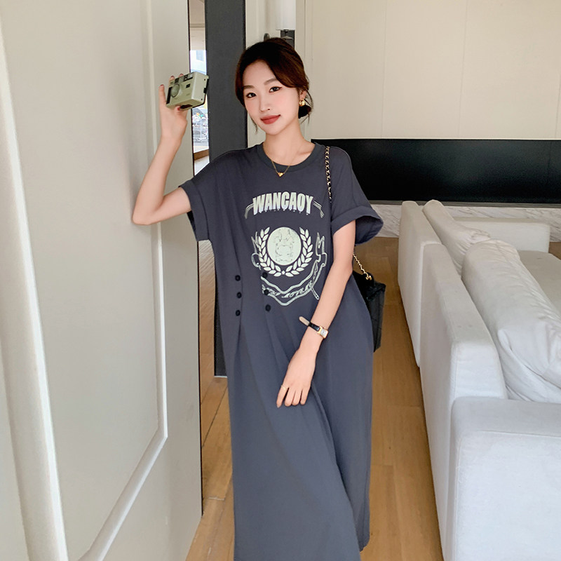 法式盐系慵懒风T恤连衣裙女2025夏季新款韩版宽松显瘦开叉长裙子图片