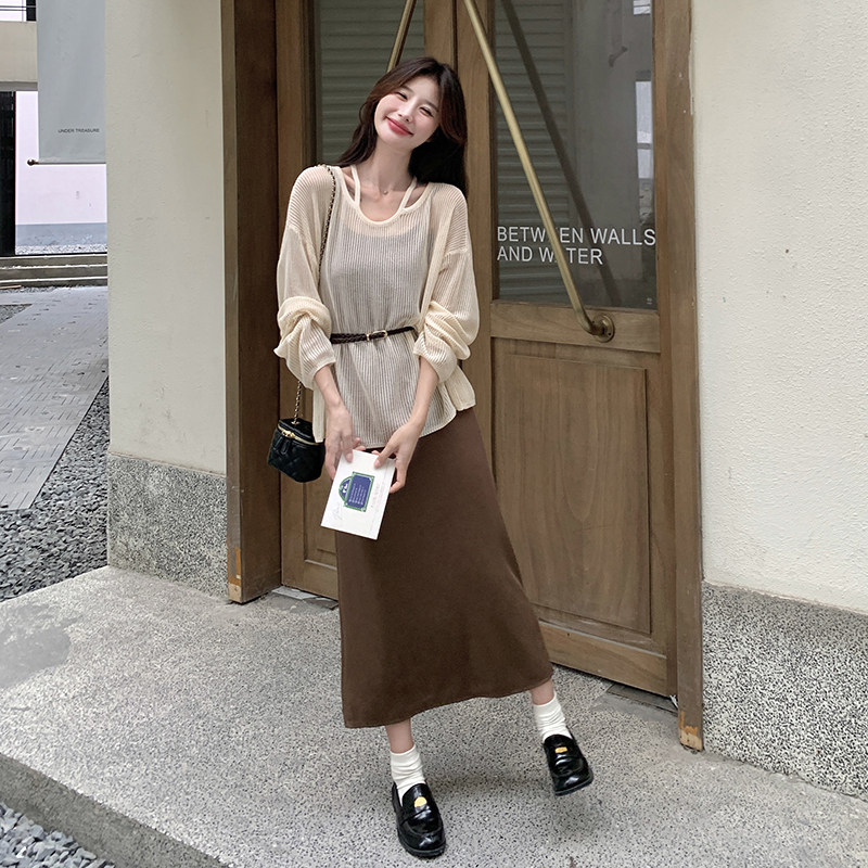 轻熟风长袖罩衫吊带连衣裙女春夏新款小个子温柔风气质减龄两件套,女装套装/套裙,维壹