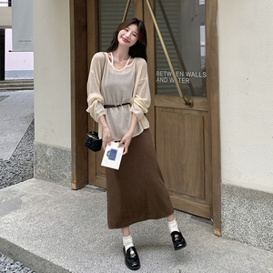 轻熟风长袖罩衫吊带连衣裙女春夏新款小个子温柔风气质减龄两件套图片