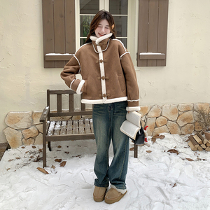 加厚立领毛绒拼接机车棉衣羊羔毛皮毛一体棉服6081P195K288图片