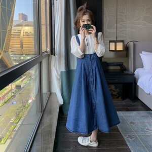 牛仔背带连衣裙女高腰a字长裙韩版收腰2025夏季新款设计感图片