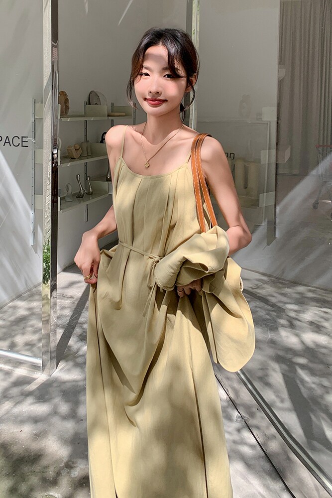 现货！薄款短袖西装吊带连衣裙两件套长裙套装5055P155K228,女装套装/套裙,2C166