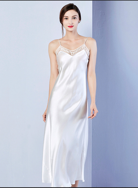 桑蚕丝性感睡衣简约时尚纯真丝加长款吊带睡裙珊目尔女夏白色长裙