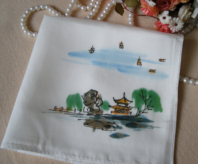 10개 1개 증정 순수 실크 파워 스펀 핸드페인팅 손수건 뽕나무 실크 35CM 풍경 ??대형 손수건 해외 업무용 작은 선물