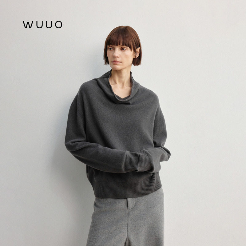 WUUO羊毛毛衣女秋冬慵懒松弛感毛线衣设计感小众荡领套头针织毛衫