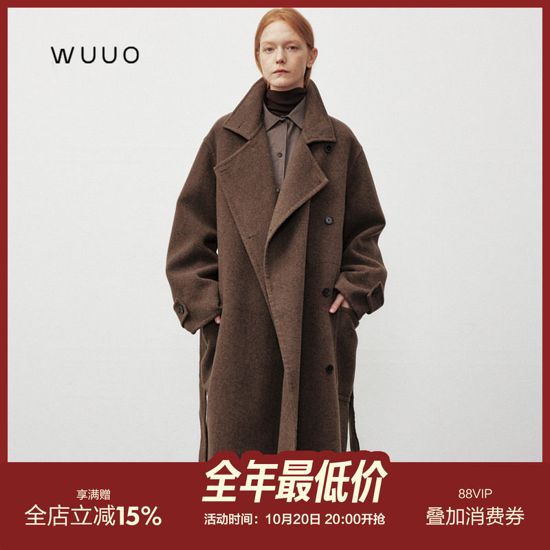 WUUO 100%澳洲羊毛廓形大衣秋冬双面呢长款保暖毛呢外套时髦26