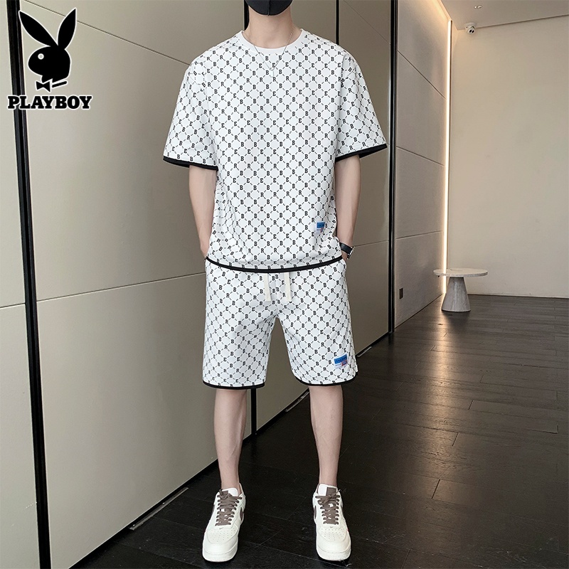 花花公子男士运动套装潮牌印花短袖t恤2024新款夏季休闲男装一套