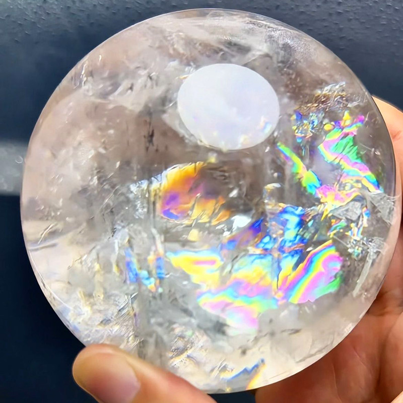 爆彩虹收藏级天然白水晶球摆件