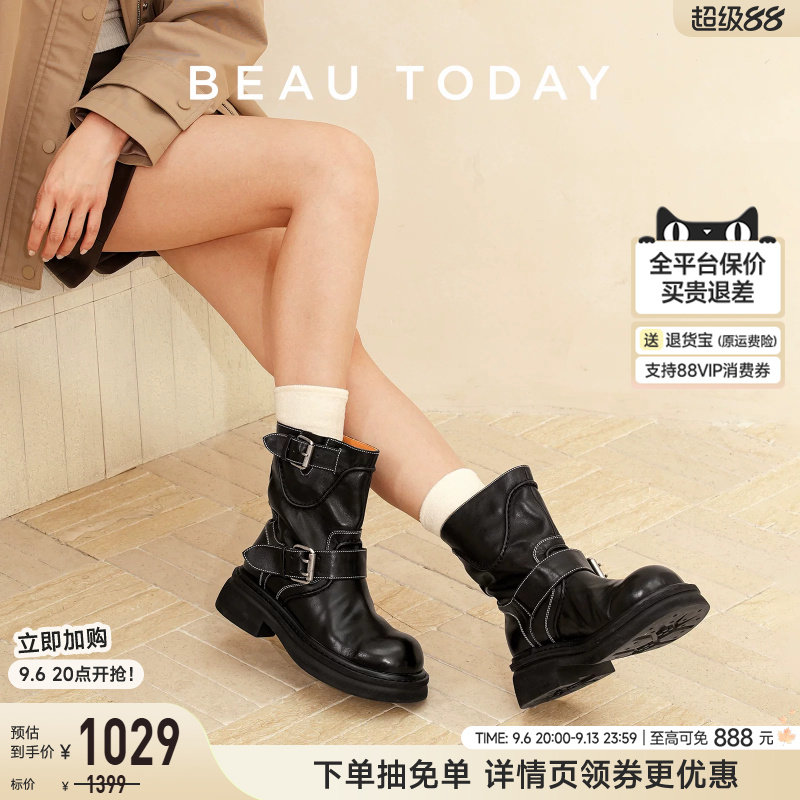 BeauToday厚底短靴子女款秋季黑色骑士靴英伦风机车靴真皮时装靴