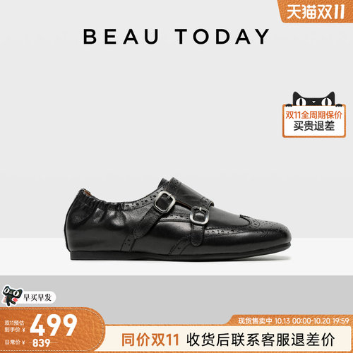 BeauToday羊皮乐福鞋布洛克女鞋