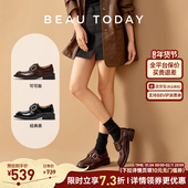 女款 春季 真皮英伦风小皮鞋 BeauToday方头厚底乐福鞋 女棕色女鞋 子