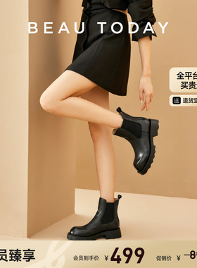 【清仓款】BeauToday黑色切尔西靴女真皮烟筒靴厚底复古短靴女