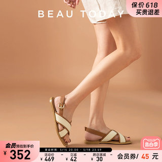 BeauToday【小冉同款】罗马凉鞋女夏平底软底真皮女鞋法式凉鞋女