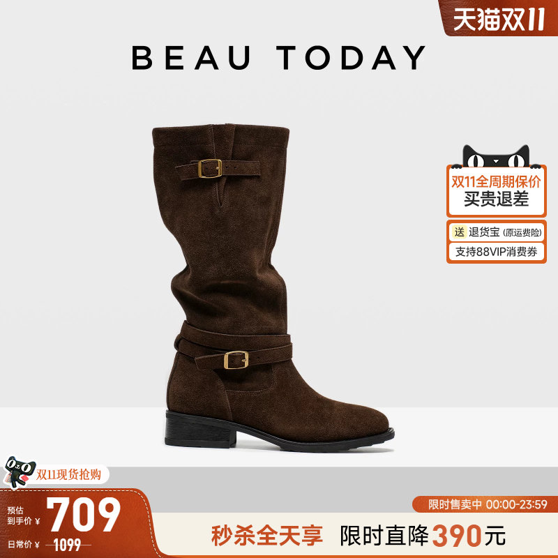 【弥野牧歌】BeauToday复古长筒靴女皮带扣高筒骑士靴真皮堆堆靴