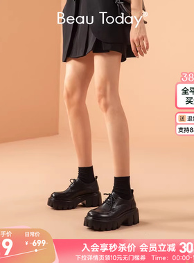BeauToday厚底小皮鞋女英伦风乐福鞋春季真皮黑色单鞋增高鞋女