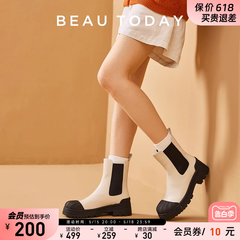 BeauToday骑士靴女真皮粗跟女靴