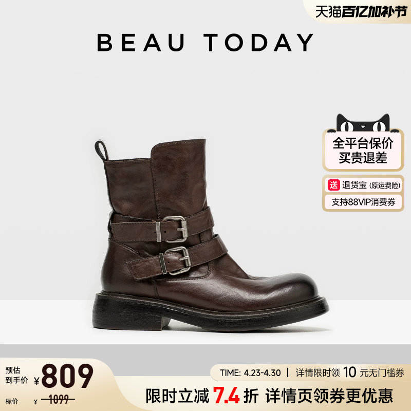 BeauToday英伦风短靴女款春季复古机车靴骑士靴棕色靴子马丁靴